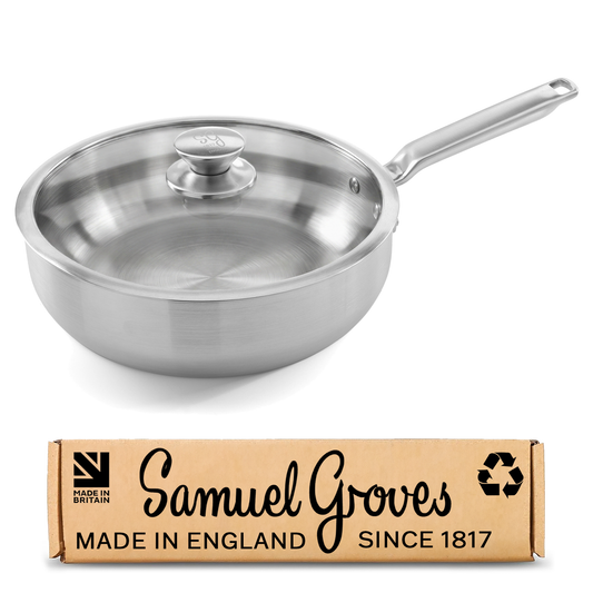 Samuel Groves 26cm stainless steel chef pan with glass lid handmade in England