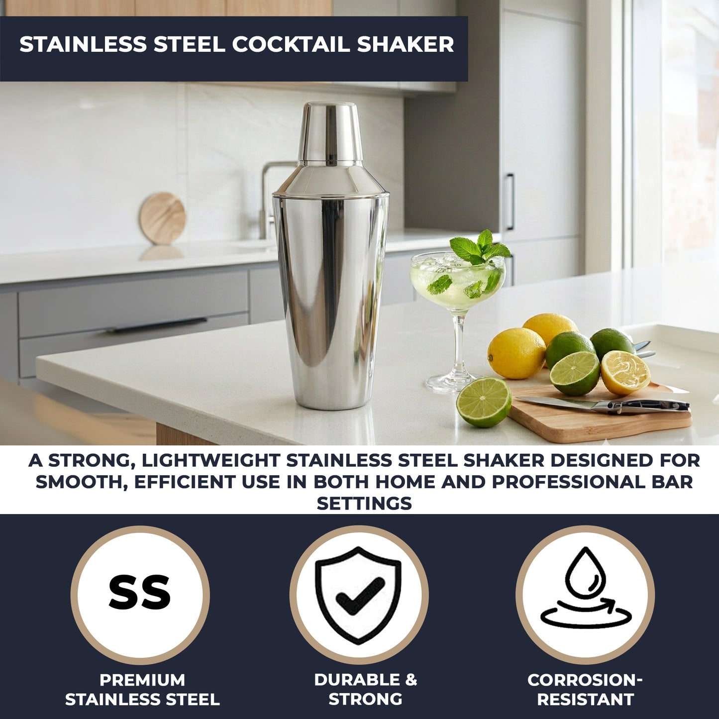Premium Stainless Steel Cocktail Shaker Set 3 Piece 750ml Built-In Strainer Professional Bartender Kit Leakproof Dishwasher Safe