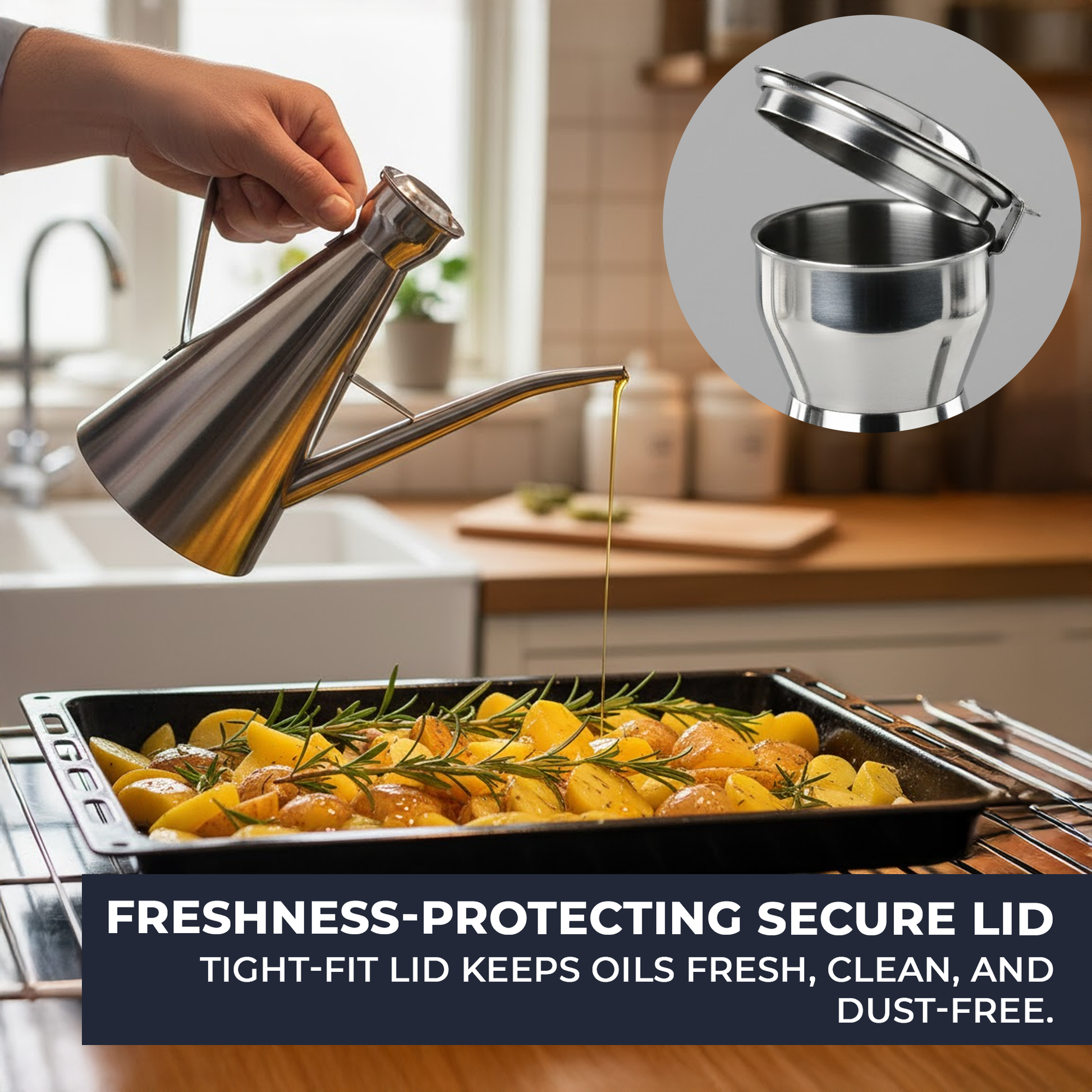 Polished stainless steel oil container on kitchen counter