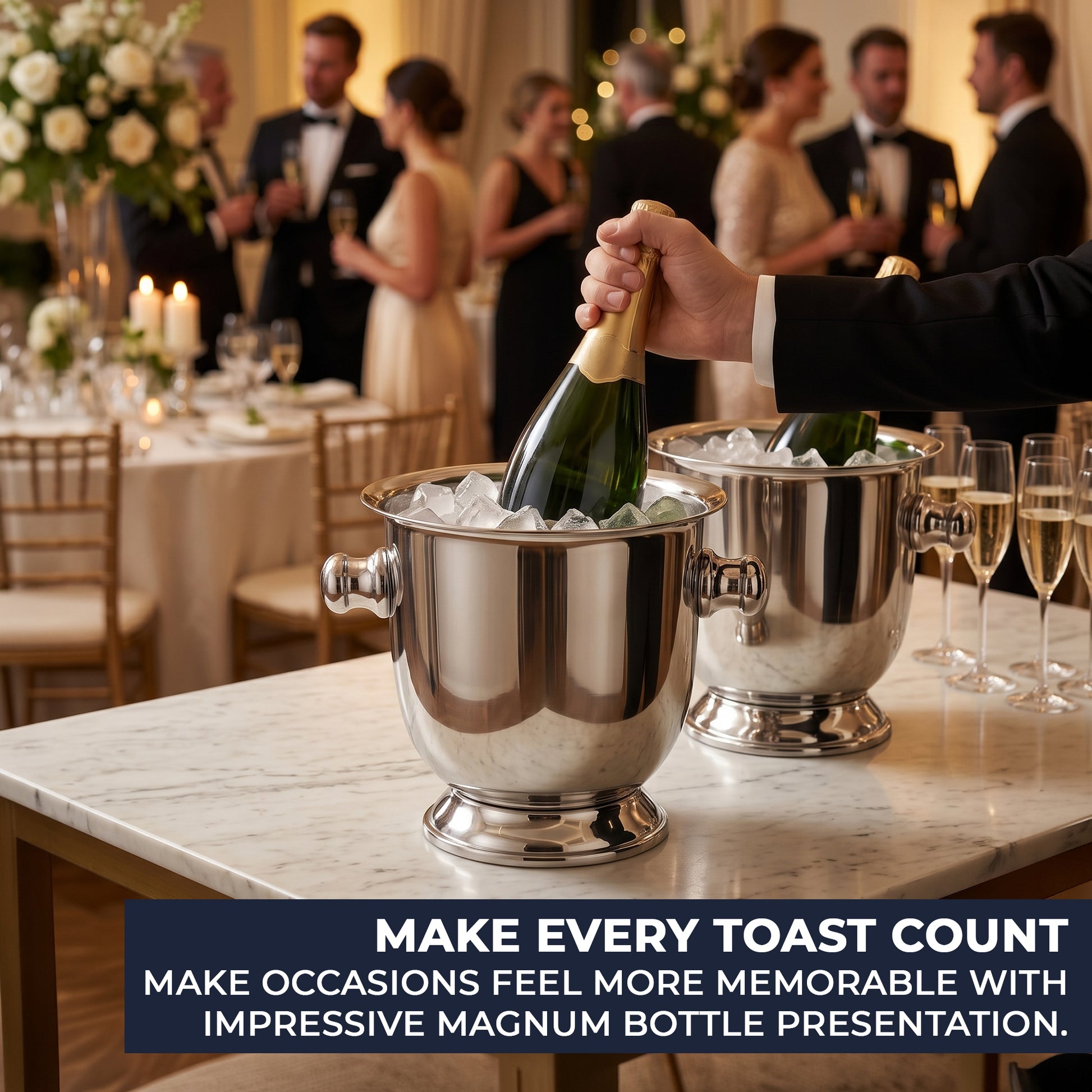 Guest lifting a magnum Champagne bottle from an ice cooler at a wedding