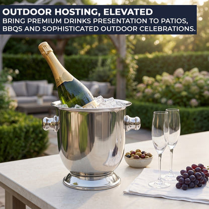Polished magnum Champagne cooler with ice at a summer garden party