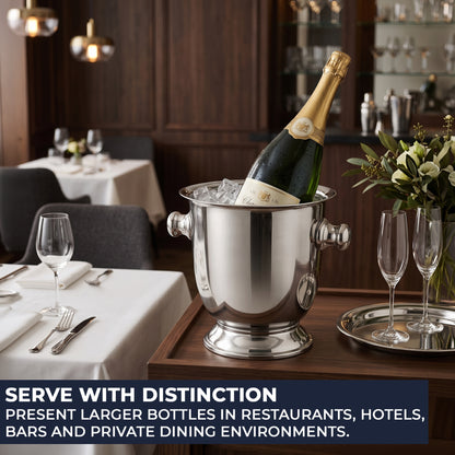 Stainless steel magnum Champagne bucket displayed on a hotel drinks station