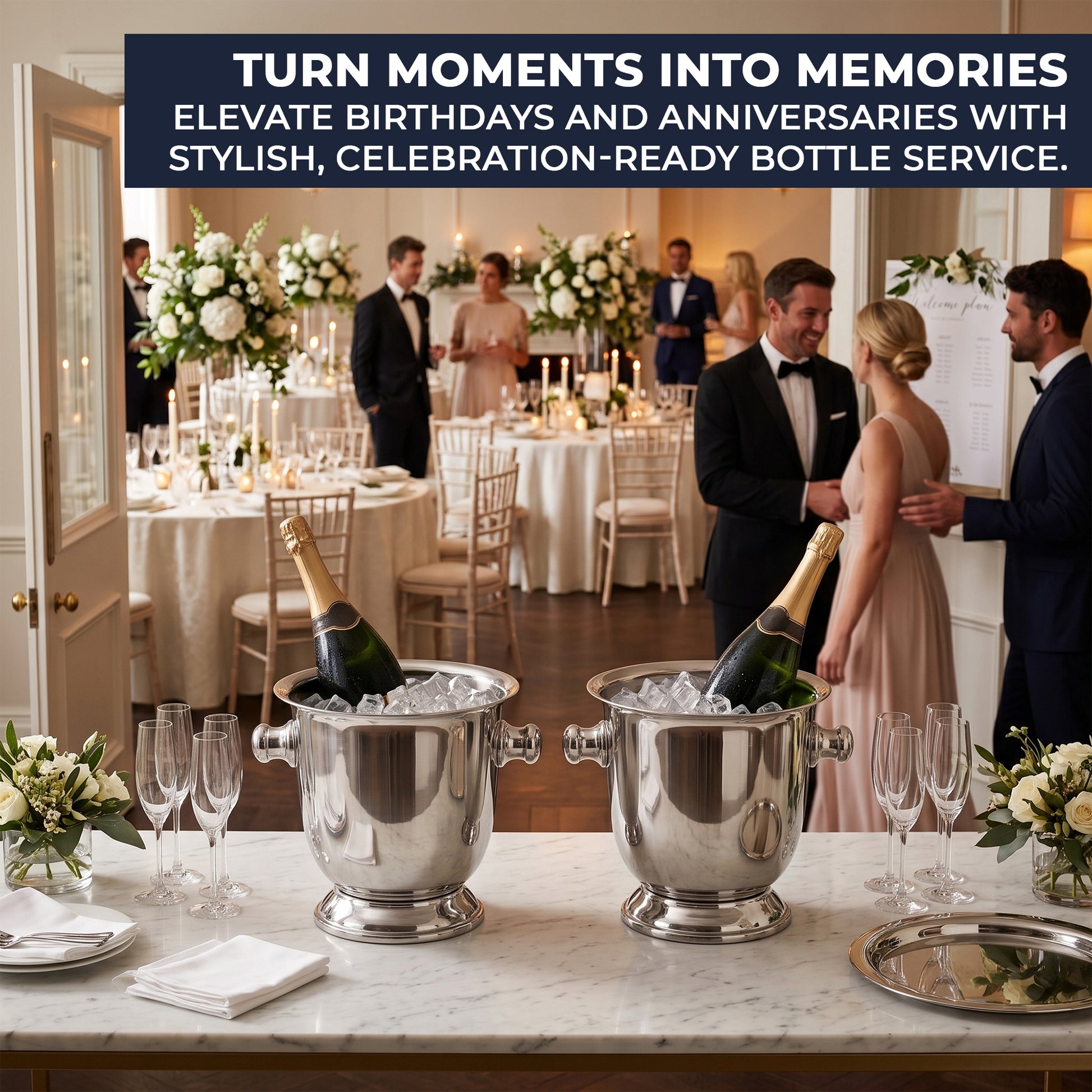Two stainless steel magnum bottle coolers welcoming guests at a wedding reception