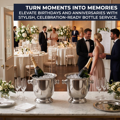 Two stainless steel magnum bottle coolers welcoming guests at a wedding reception