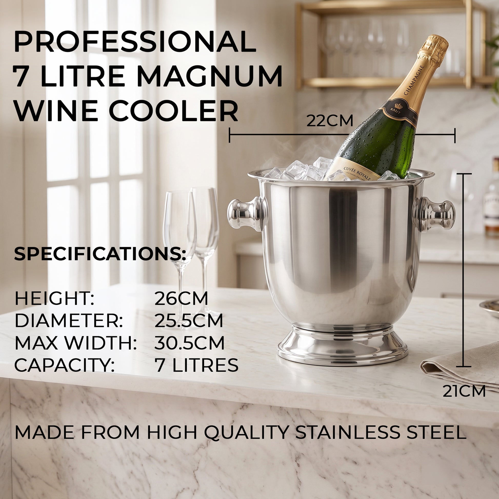 Magnum wine bottle cooler with Champagne and ice on an elegant home bar