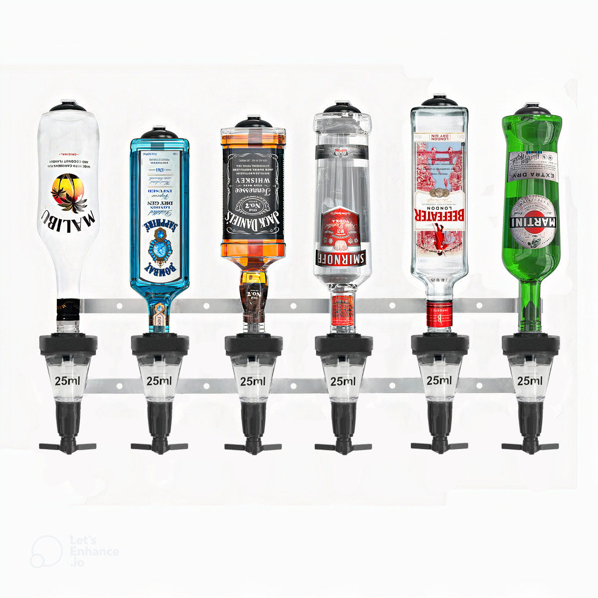 6-Bottle Bar Set with Wall Mount and Traditional Optic Measures.