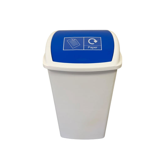 Plastic Swing Bin, White Body & Blue Lid, With Paper Sticker - Premium BISS from Chabrias Ltd - Just £21.84! Shop now at Chabrias Ltd