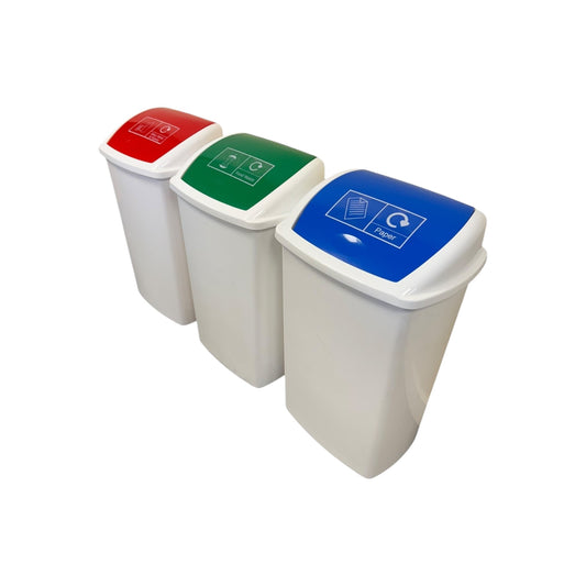 Plastic Swing Bin, White Body & RGB Lids, With Stickers, 50L (x3) - Premium BISS from Chabrias Ltd - Just £21.84! Shop now at Chabrias Ltd