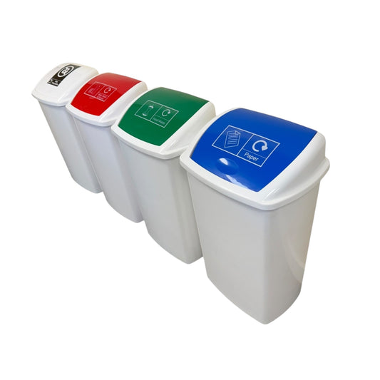 Plastic Swing Bin, White Body & WRGB Lids, With Stickers, 50L (x4) - Premium BISS from Chabrias Ltd - Just £21.84! Shop now at Chabrias Ltd