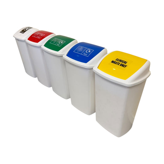 Plastic Swing Bin, White Body & WRGBY Lid, With Stickers, 50L (x5) - Premium BISS from Chabrias Ltd - Just £21.84! Shop now at Chabrias Ltd