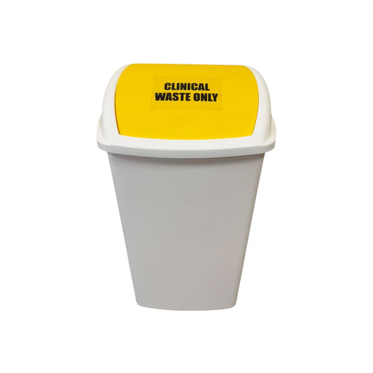 Plastic Swing Bin, White Body & Yellow Lid, With Clinical Waste Sticker, 50L - Premium BISS from Chabrias Ltd - Just £21.84! Shop now at Chabrias Ltd