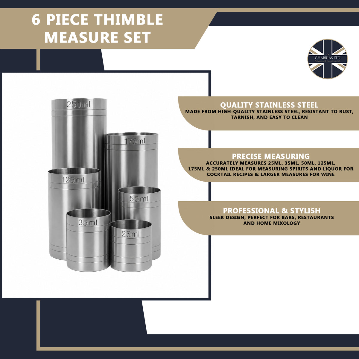 Stainless Steel Thimble Measures Set of 6 Spirit & Wine Measuring Cups