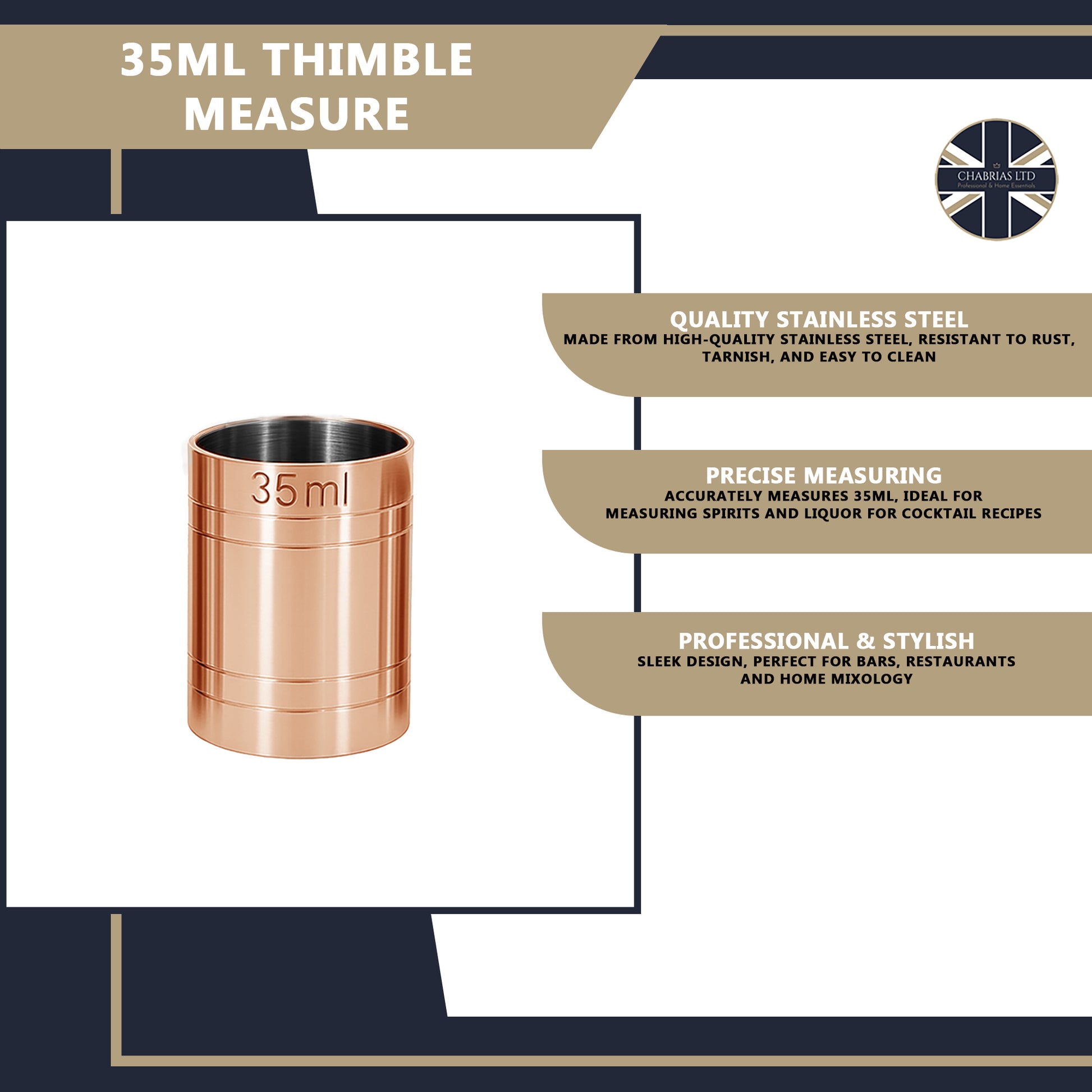 Stainless Steel 35ml Thimble Measure Copper Plated, Government Stamped - Premium Kitchen from Chabrias Ltd - Just £5.49! Shop now at Chabrias Ltd