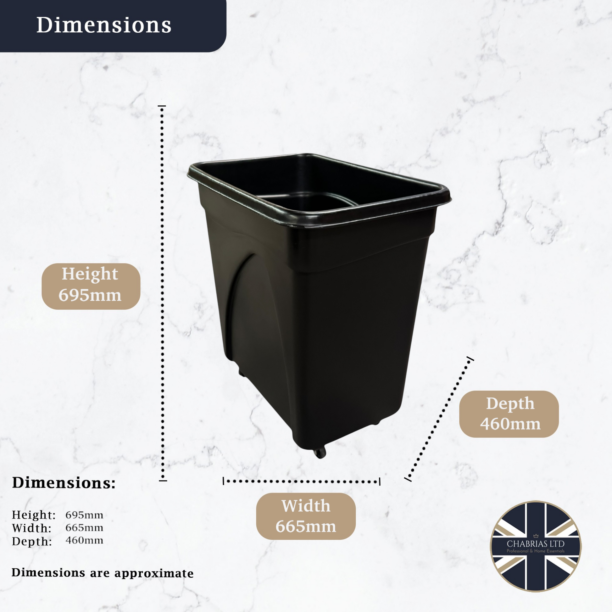 Black Bottle Skip, 2" Caster Wheels, 184L - Premium  from Chabrias Ltd - Just £83.99! Shop now at Chabrias Ltd