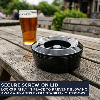 durable black ashtray with lid for outdoor smoking areas