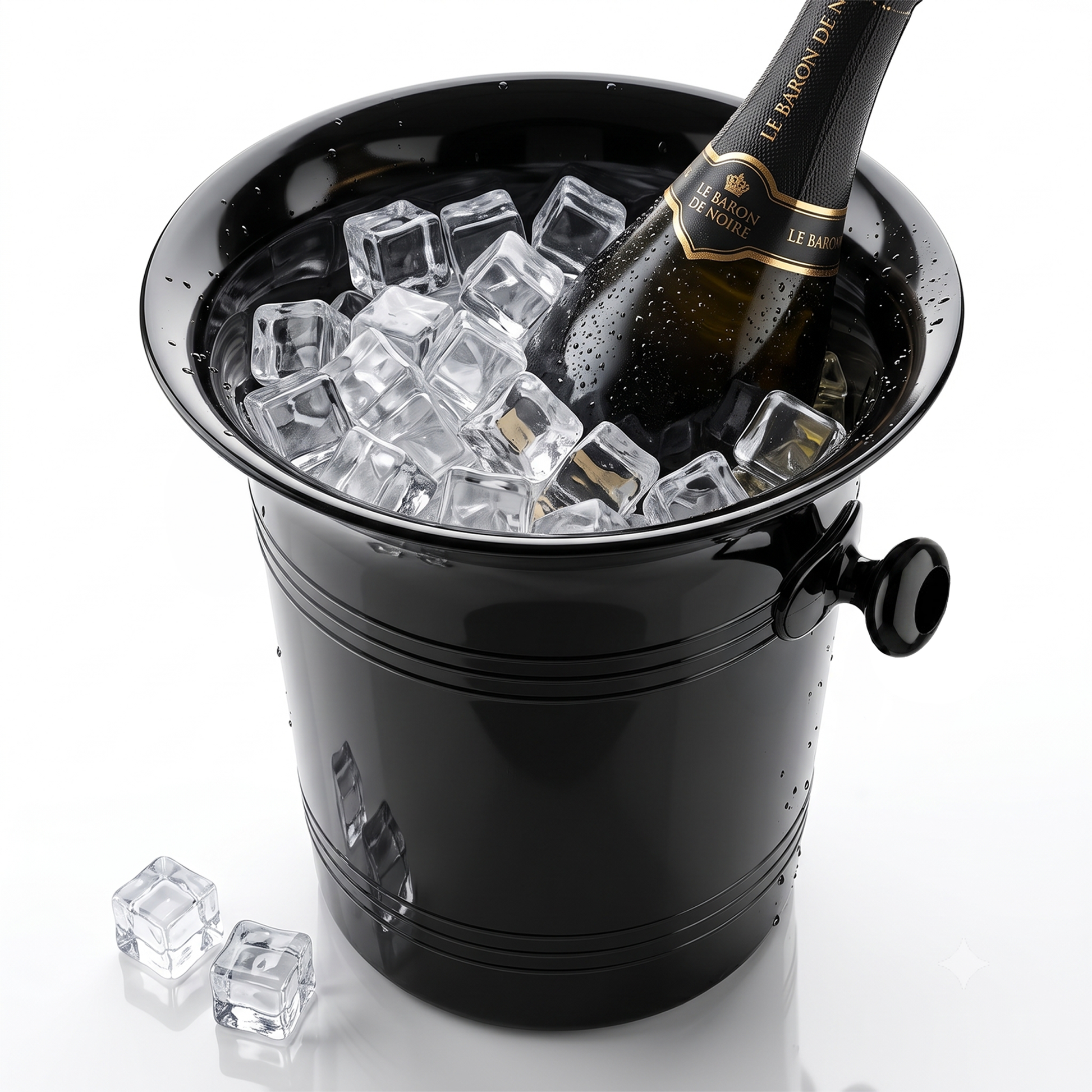 Black champagne ice bucket holding one bottle with ice