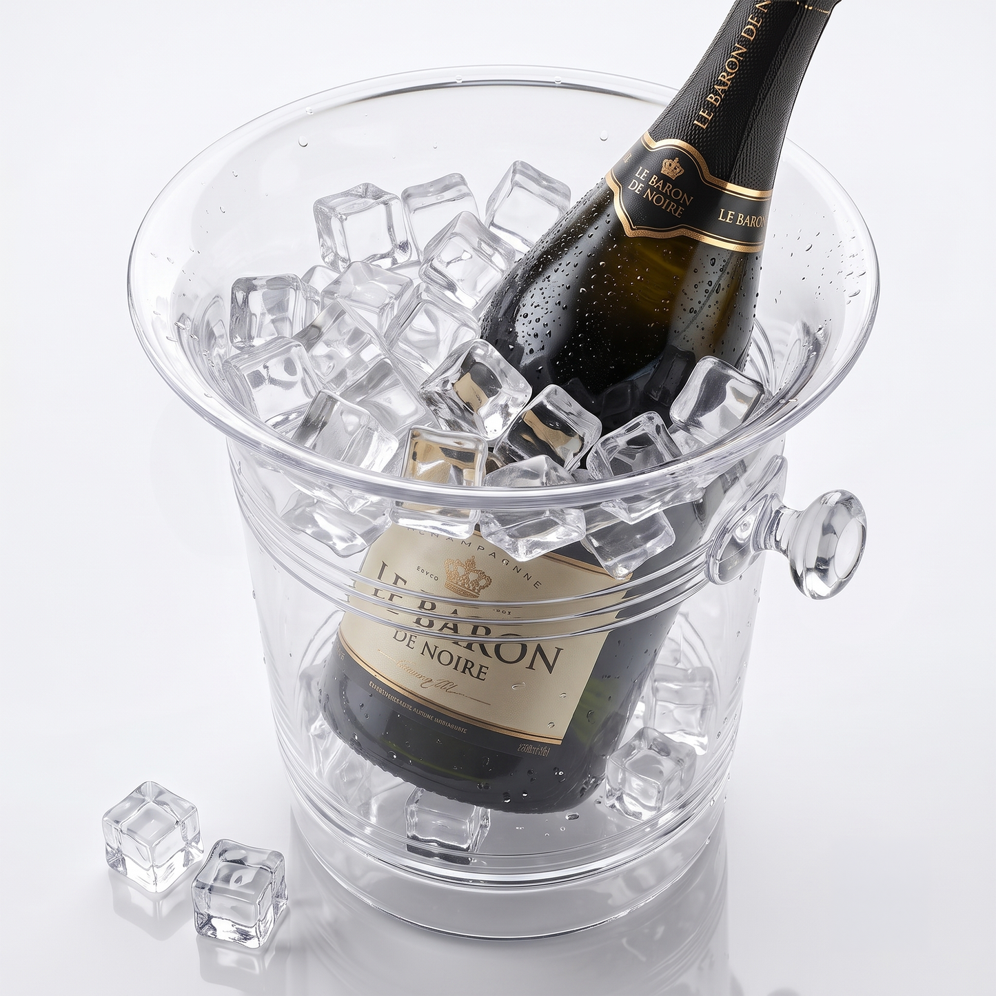 Clear champagne ice bucket holding one bottle with ice