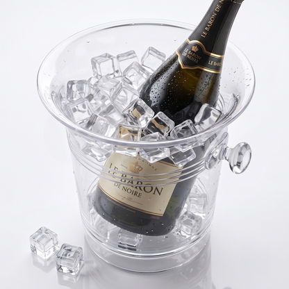 Clear champagne ice bucket holding one bottle with ice