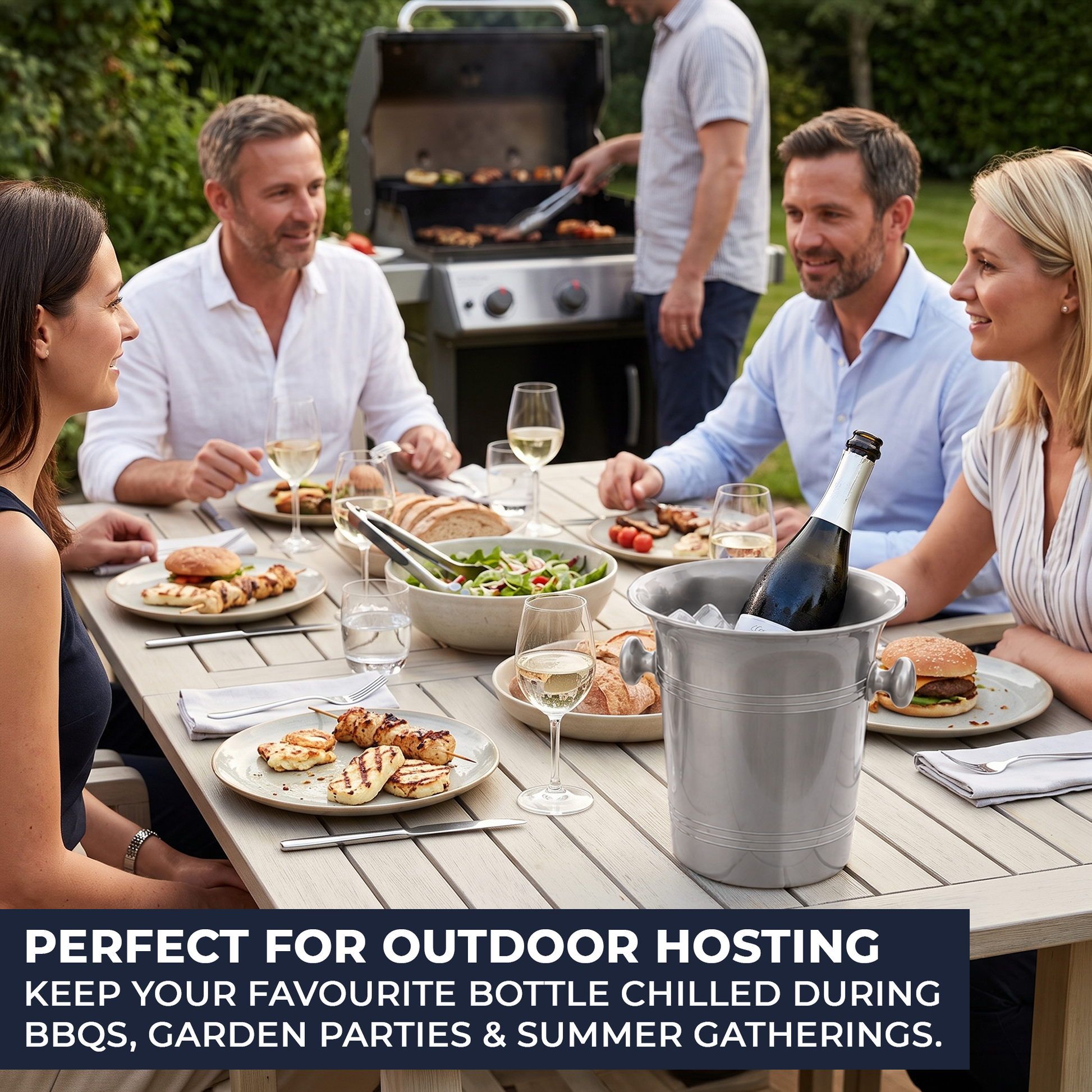 Outdoor dining scene with four people seated around a table holding plates of food, with a grill and another person in the background. A silver metal ice bucket with a chilled bottle sits on the table.