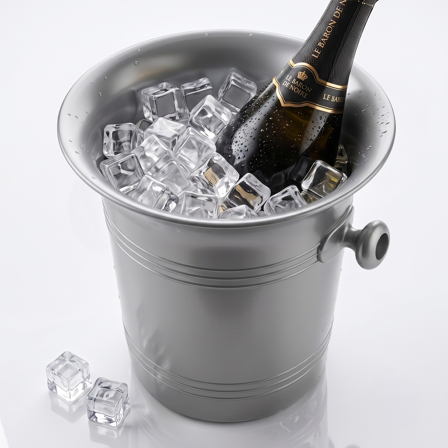 A silver metal champagne bucket filled with clear ice cubes, with a dark champagne bottle resting inside. Two clear ice cubes sit on the reflective surface beside the bucket.