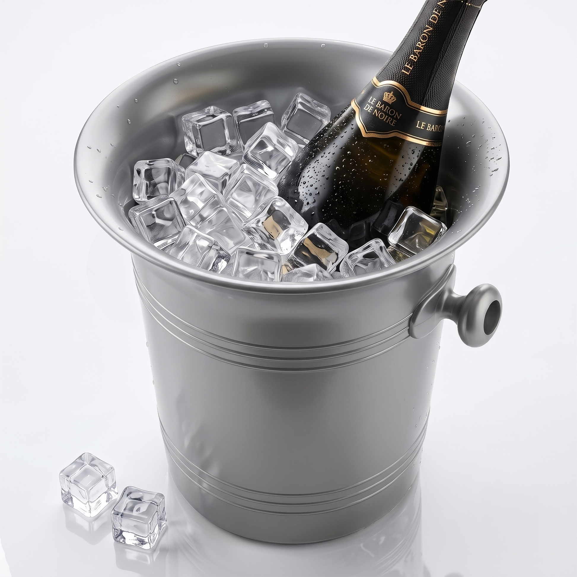 A silver metal champagne bucket filled with clear ice cubes, with a dark champagne bottle resting inside. Two clear ice cubes sit on the reflective surface beside the bucket.