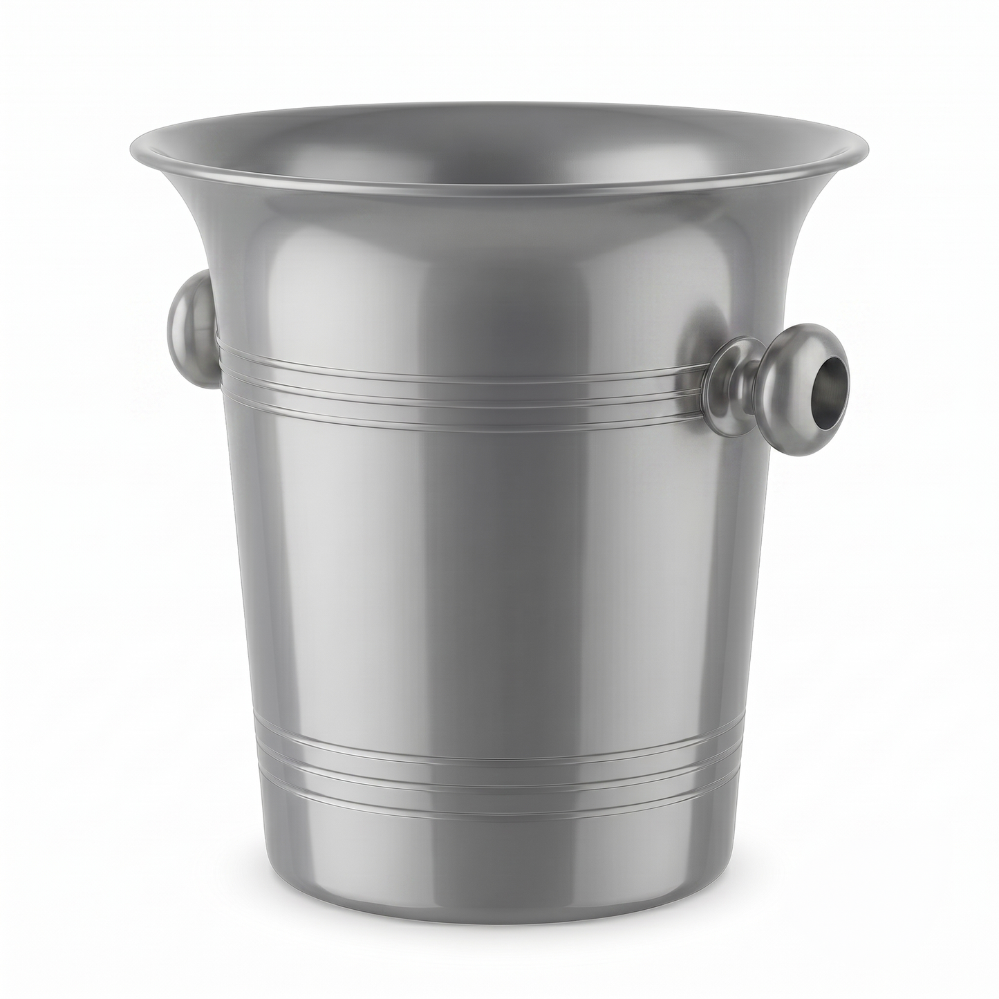 A brushed silver metal ice bucket with a flared rim and two side handles, shown on a clean white background.