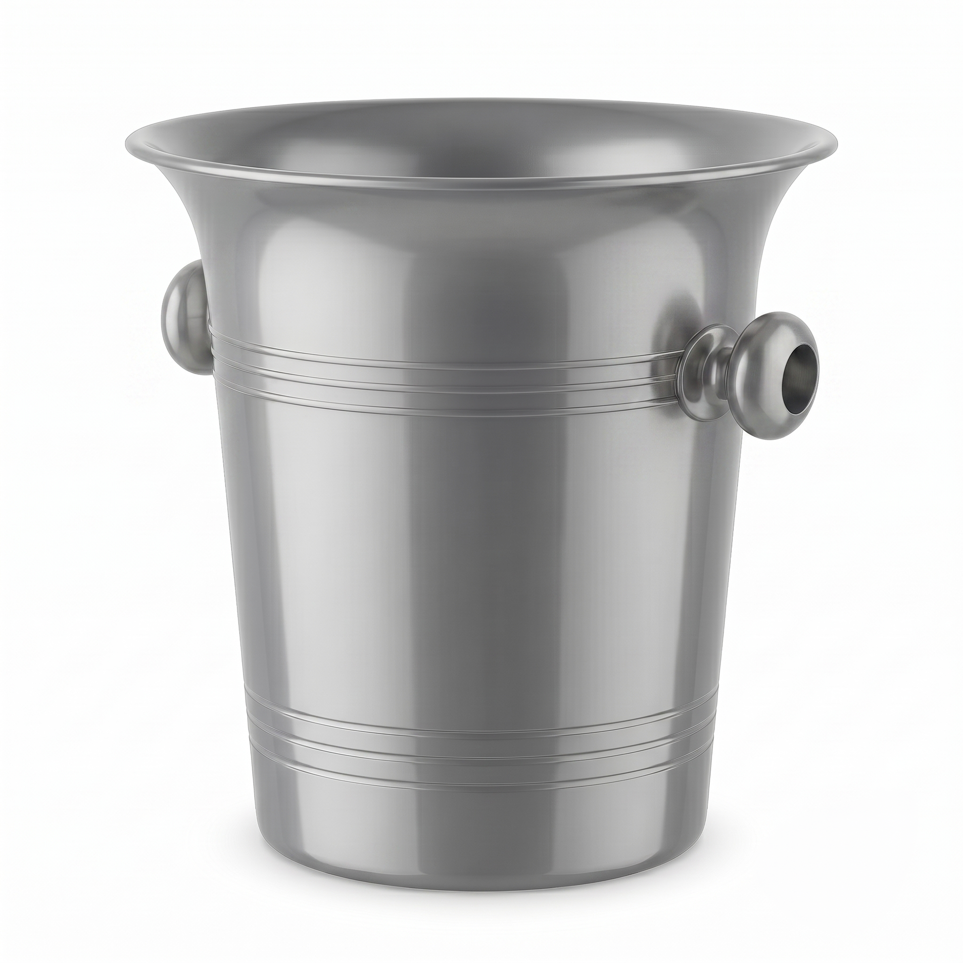 A brushed silver metal ice bucket with a flared rim and two side handles, shown on a clean white background.