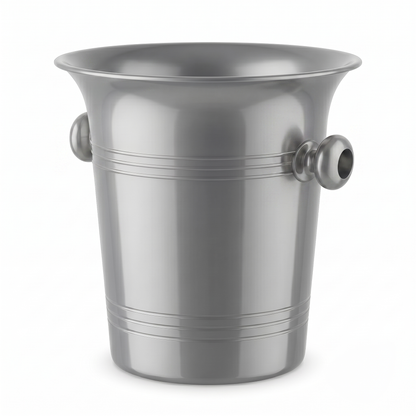 A brushed silver metal ice bucket with a flared rim and two side handles, shown on a clean white background.
