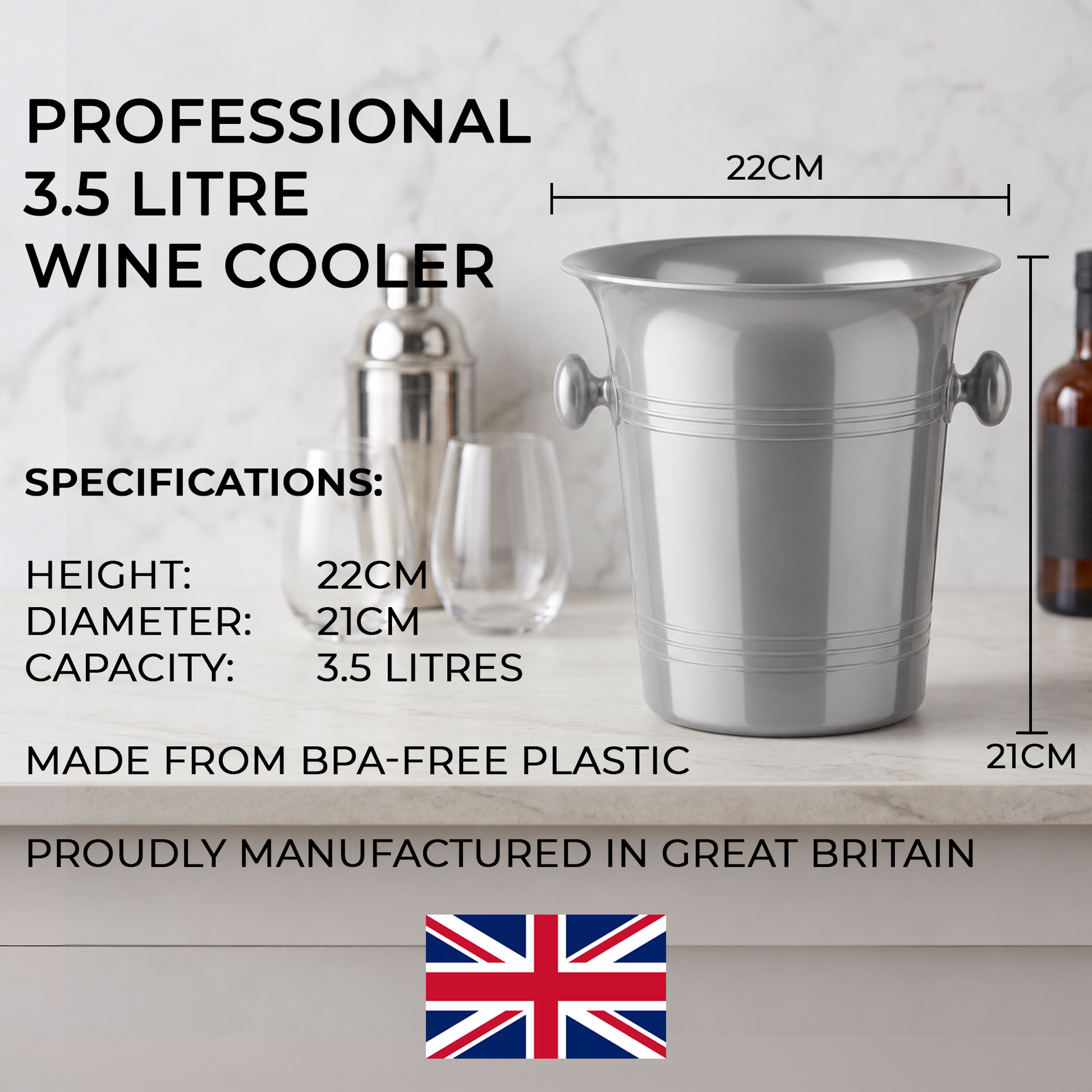 A silver metal wine cooler bucket with dimensions labeled 22cm wide and 21cm tall, shown on a light marble-style background with text specs and a small Union Jack flag. The product is presented as a clean catalog graphic rather than a lifestyle scene.