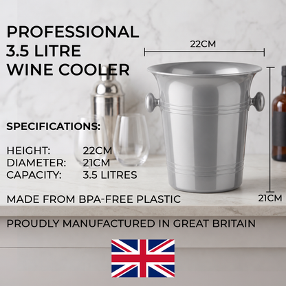 A silver metal wine cooler bucket with dimensions labeled 22cm wide and 21cm tall, shown on a light marble-style background with text specs and a small Union Jack flag. The product is presented as a clean catalog graphic rather than a lifestyle scene.