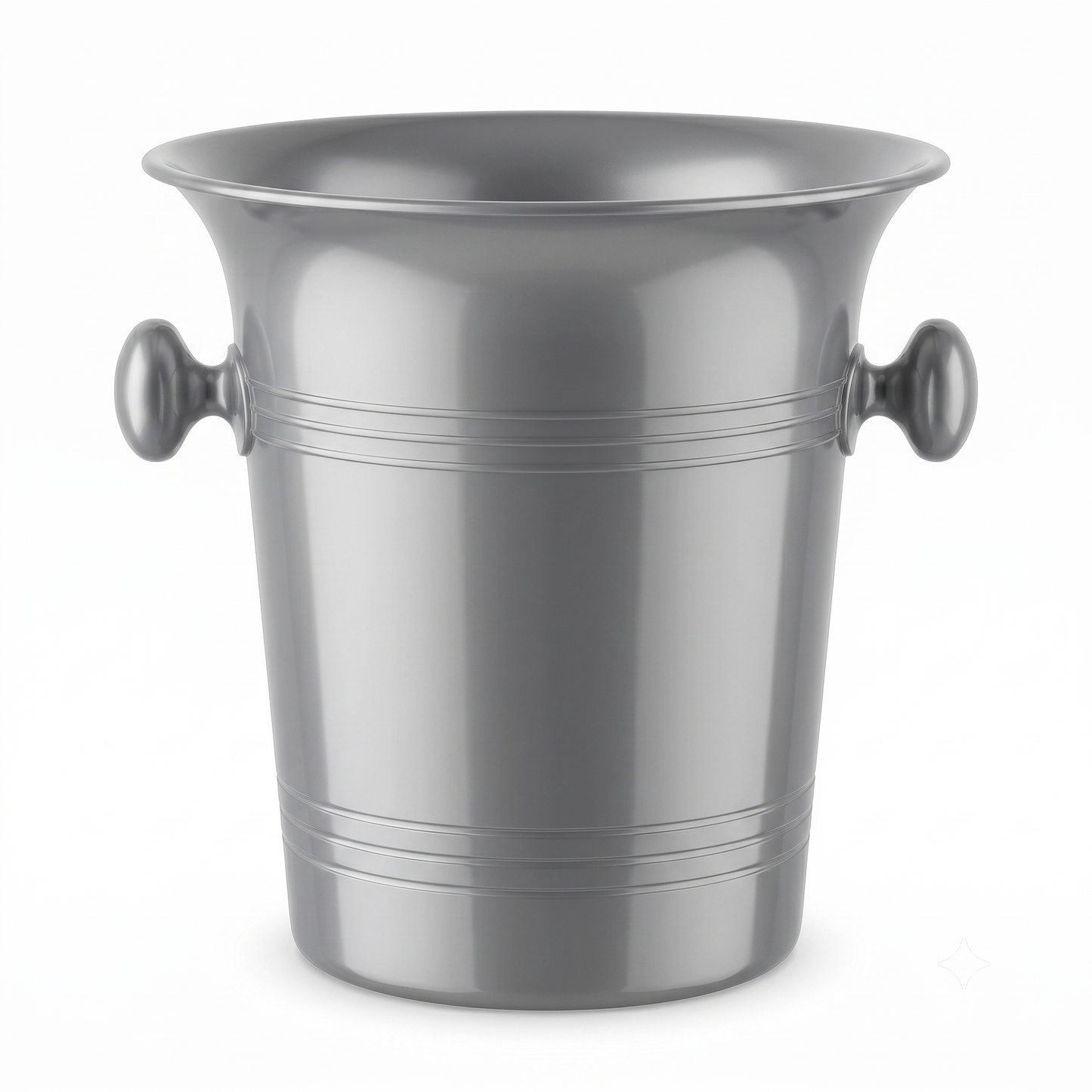 A metallic silver ice bucket with two round side handles and horizontal decorative bands, shown on a clean white background.
