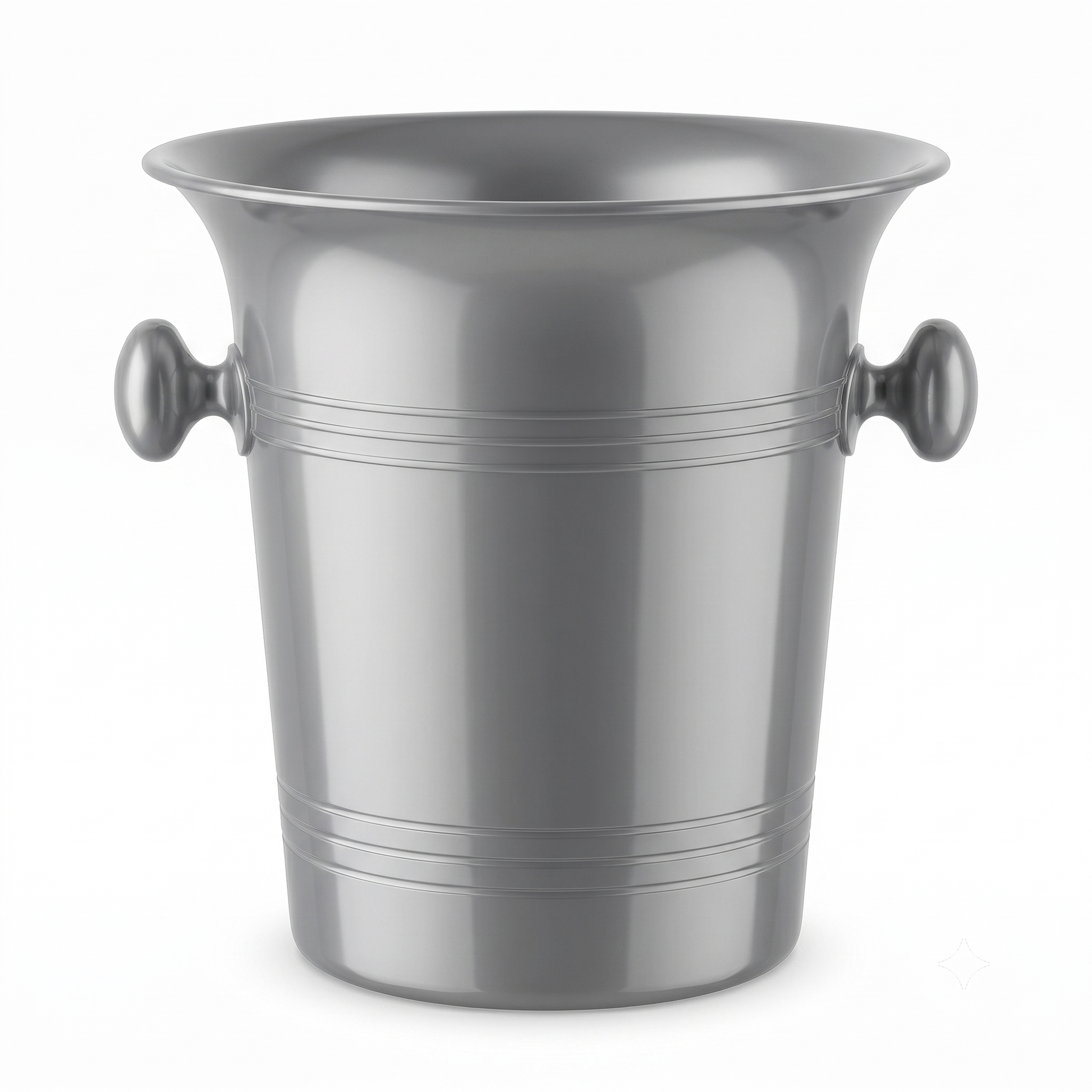 A metallic silver ice bucket with two round side handles and horizontal decorative bands, shown on a clean white background.