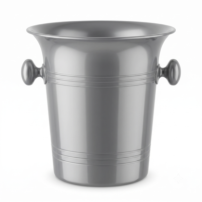 A metallic silver ice bucket with two round side handles and horizontal decorative bands, shown on a clean white background.