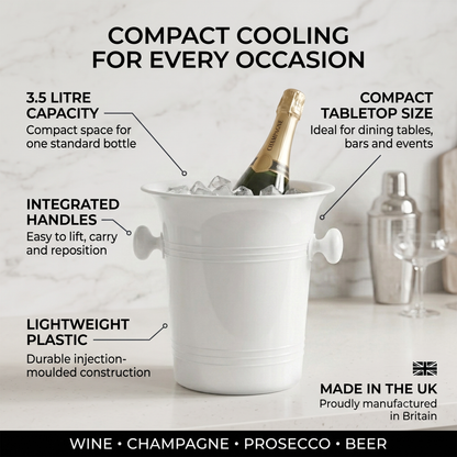White compact plastic wine bucket with integrated handles, filled with ice and a champagne bottle, on a light marble surface with feature callouts and text including 'Compact Cooling for Every Occasion' and 'Made in the UK'.
