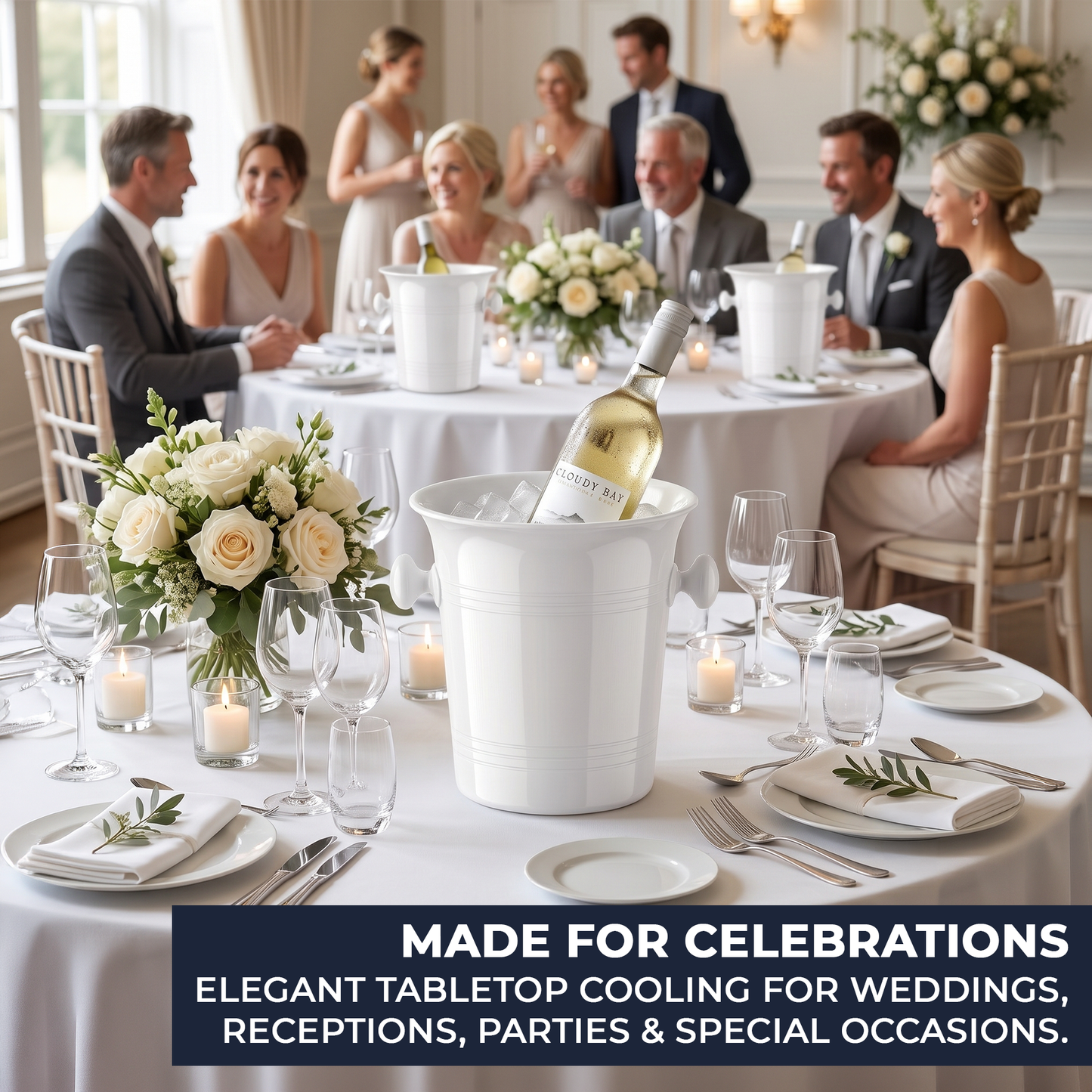 A wedding reception scene with guests seated around round tables, white tablecloths, floral centerpieces, and white ice buckets holding wine bottles and glasses. A dark blue banner at the bottom reads, 'MADE FOR CELEBRATIONS ELEGANT TABLETOP COOLING FOR WEDDINGS, RECEPTIONS, PARTIES & SPECIAL OCCASIONS.