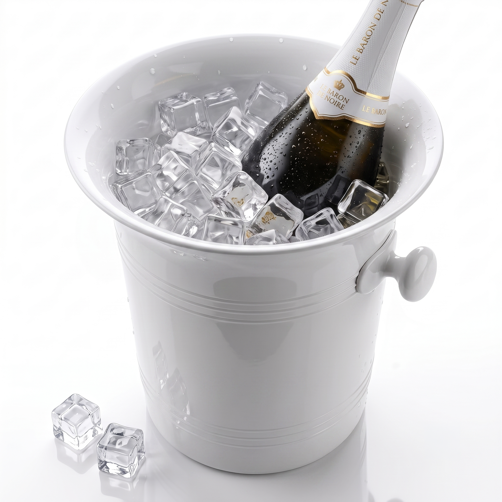 A white champagne bucket filled with clear ice cubes, with a chilled Le Bon de Champagne bottle resting inside, photographed on a clean white background.