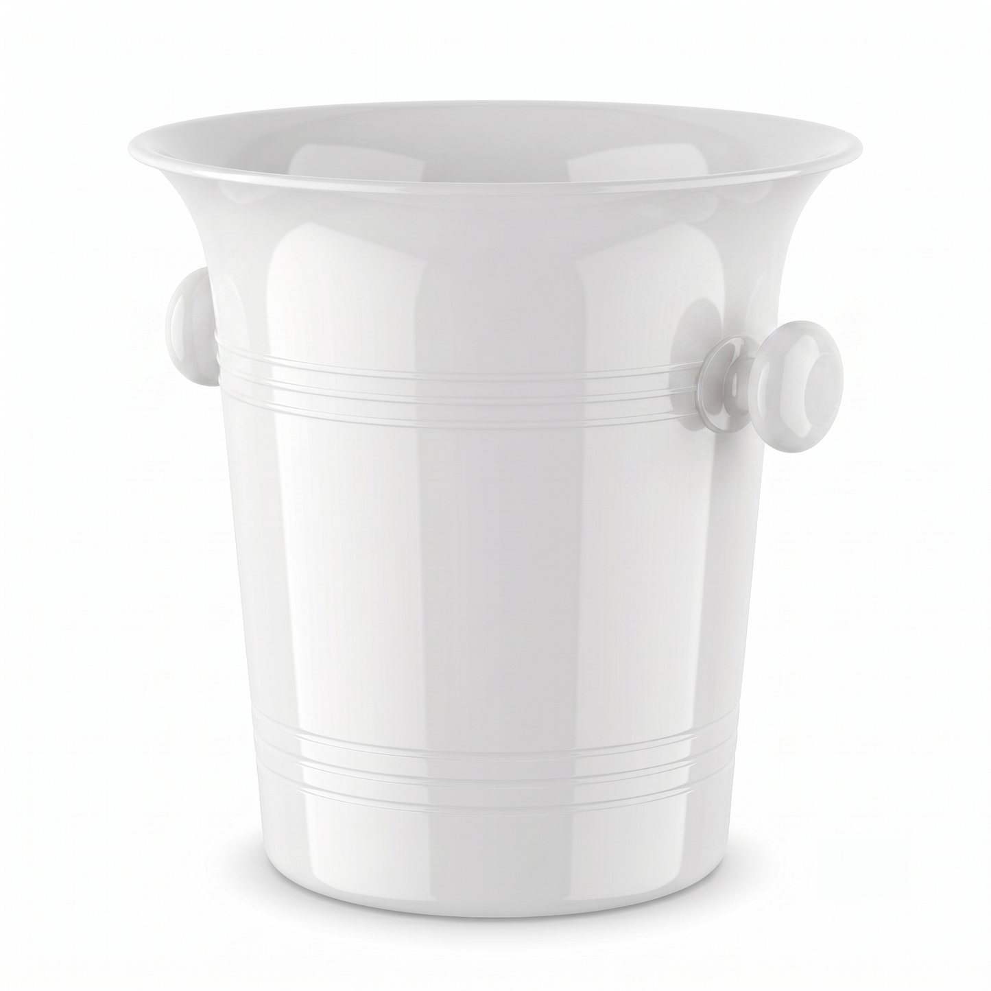 A white plastic ice bucket with a flared rim, horizontal decorative bands, and two round side handles, shown on a clean white background.
