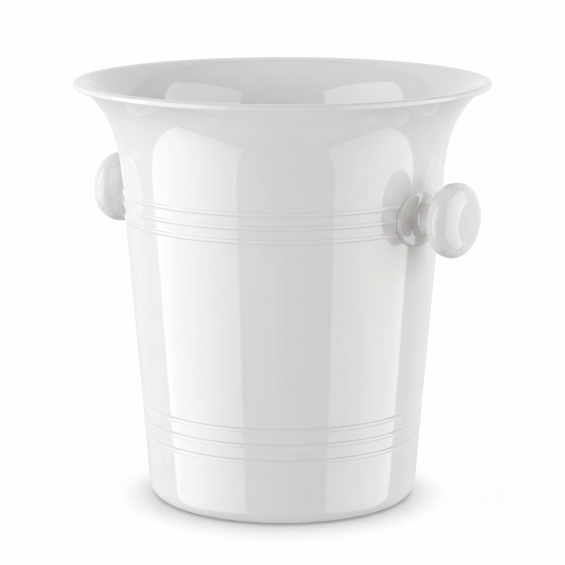 A white plastic ice bucket with a flared rim, horizontal decorative bands, and two round side handles, shown on a clean white background.