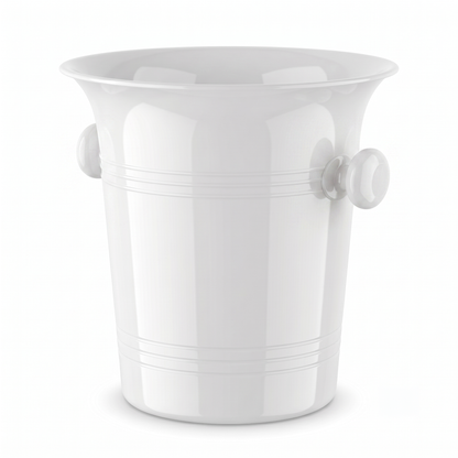 A white plastic ice bucket with a flared rim, horizontal decorative bands, and two round side handles, shown on a clean white background.