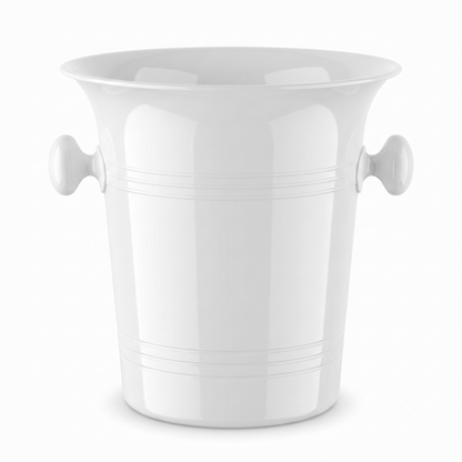 A white ice bucket with a flared rim, two round side handles, and subtle horizontal decorative ridges, shown on a clean white background.