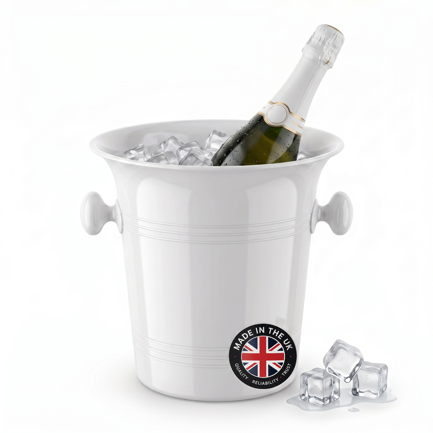 A white plastic champagne bucket filled with ice and a bottle of champagne, shown on a clean white background with a few ice cubes in front. A circular 'Made in the UK' badge is attached to the front.