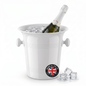 A white plastic champagne bucket filled with ice and a bottle of champagne, shown on a clean white background with a few ice cubes in front. A circular 'Made in the UK' badge is attached to the front.