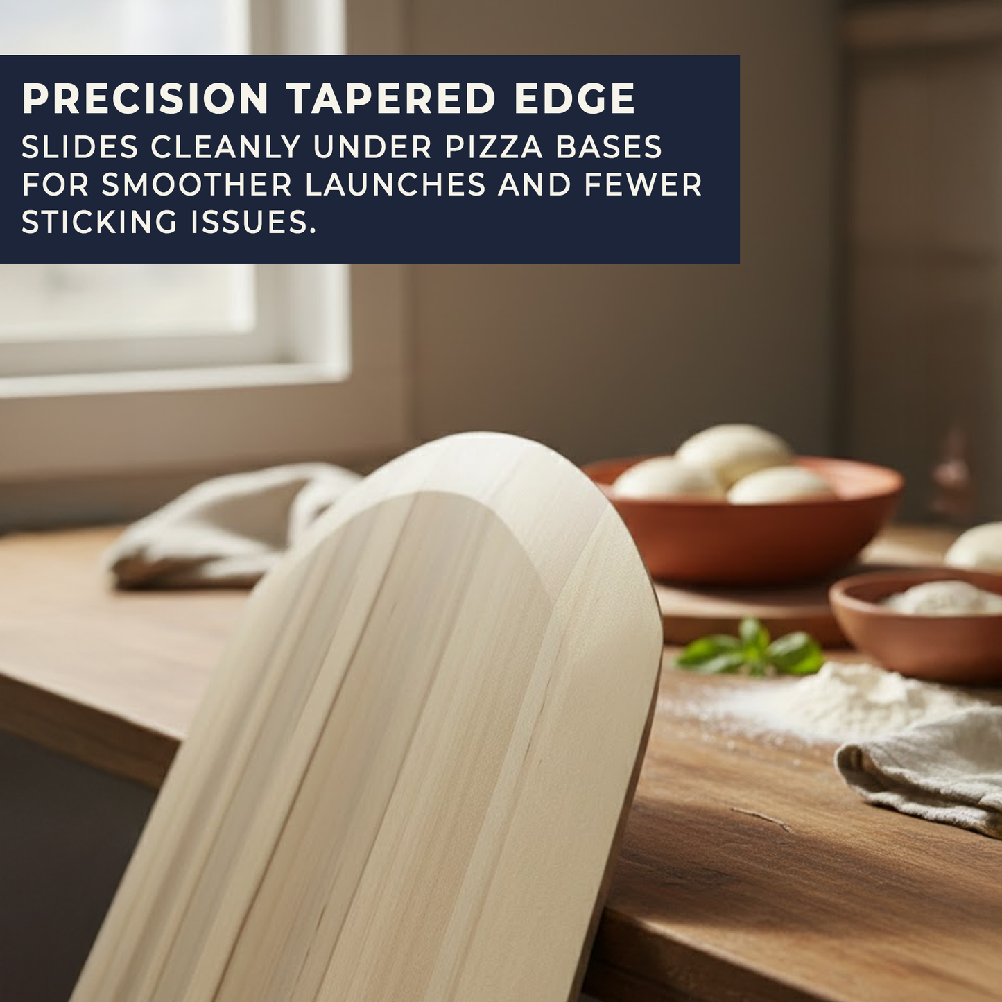 Large Professional Wooden Pizza Peel with Long Handle - Tapered Edge Pizza Paddle 12" x 12"