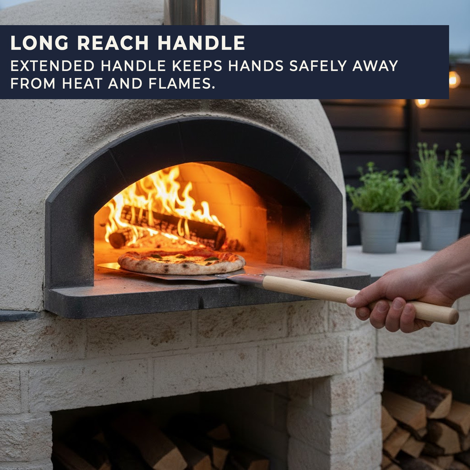 Aluminium pizza paddle launching a large pizza into a pizza oven