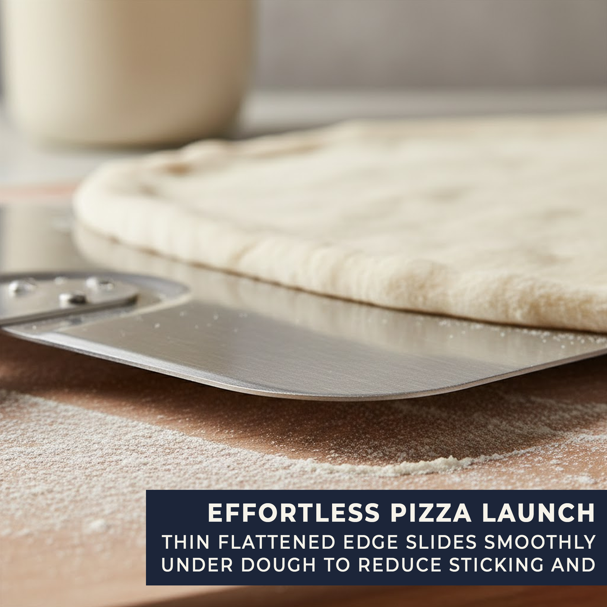 Close up of aluminium pizza peel thin flattened edge for easy sliding under dough