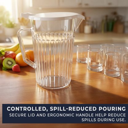 pack of 6 polycarbonate bedside water jugs with antibacterial lids designed for hygiene in care homes and healthcare settings