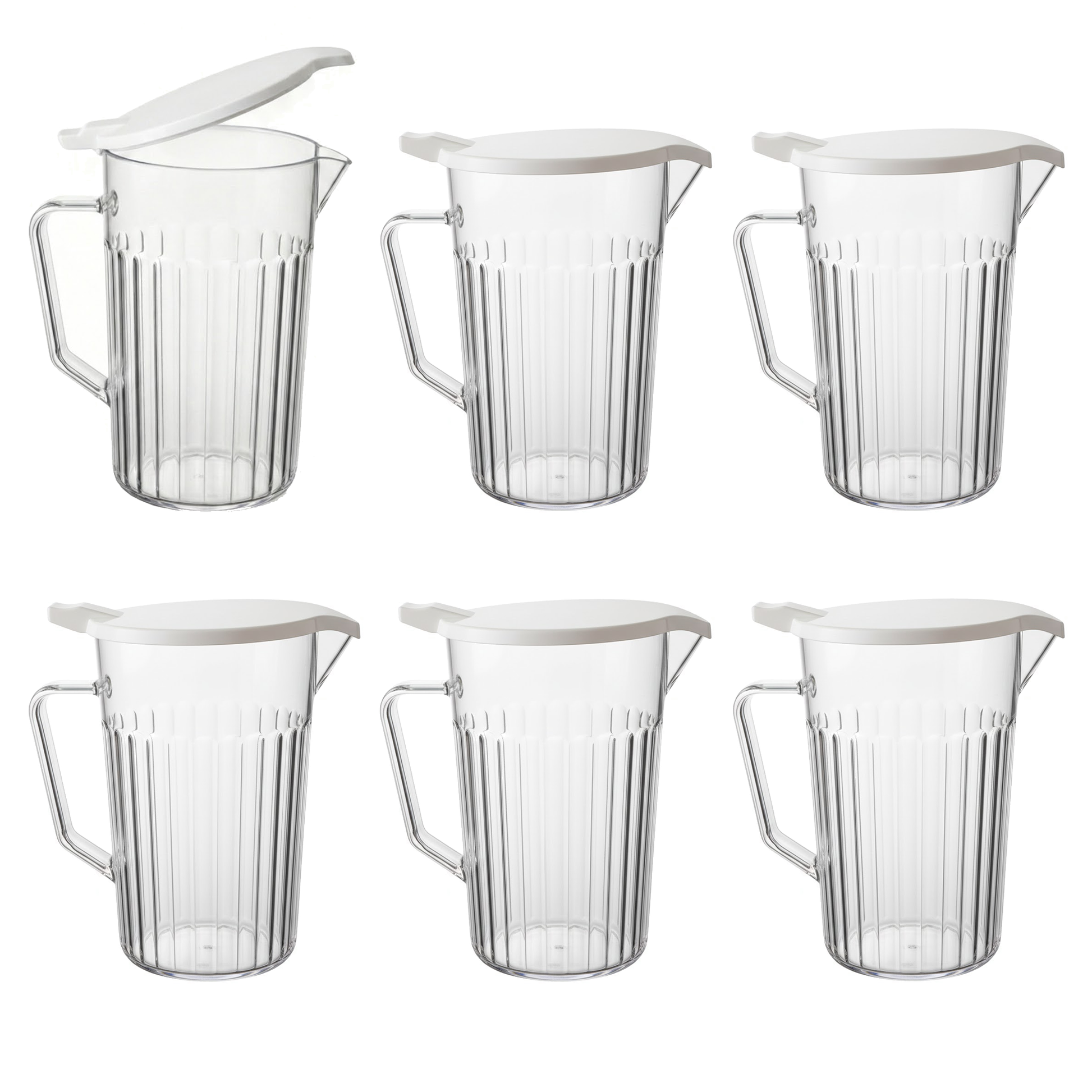 pack of 6 bedside water jugs with lids on table in care home setting, durable polycarbonate jugs for hospital and elderly use