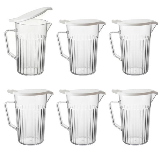 pack of 6 bedside water jugs with lids on table in care home setting, durable polycarbonate jugs for hospital and elderly use