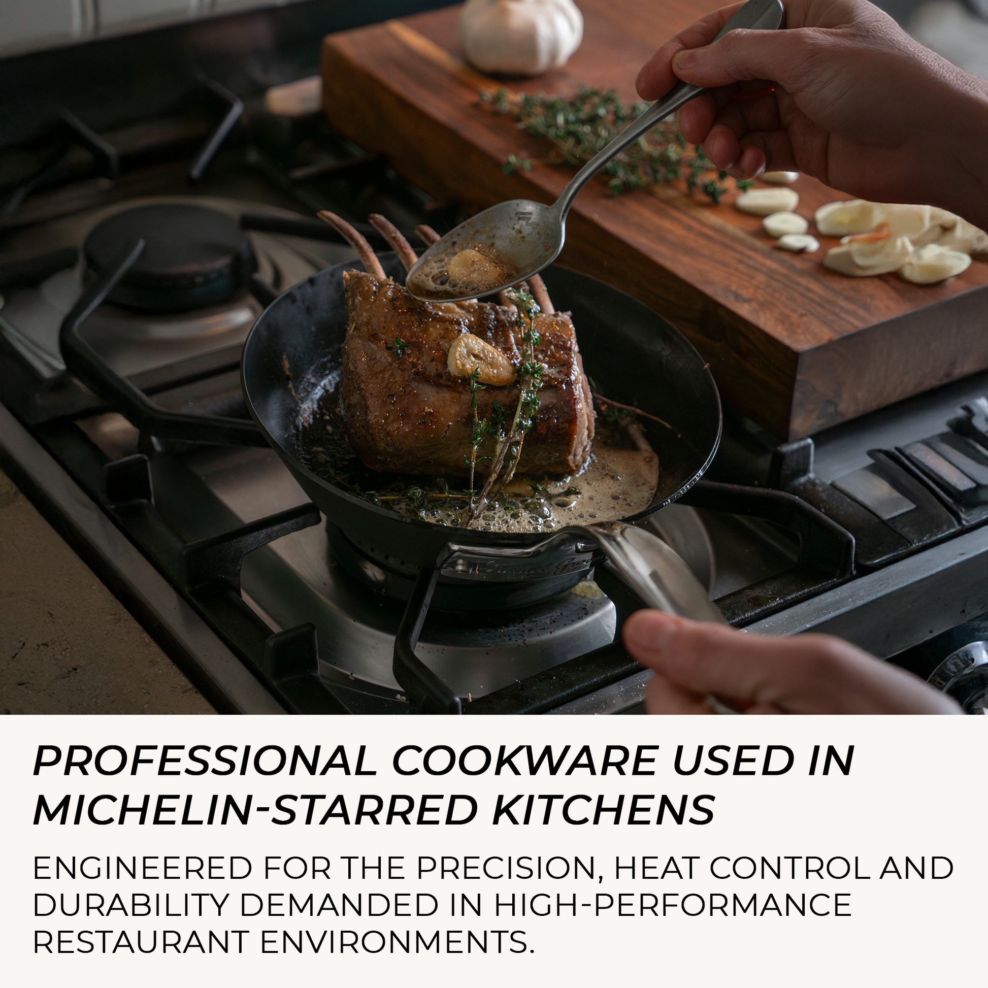 Carbon steel frying pan used for high heat searing in professional kitchen environment
