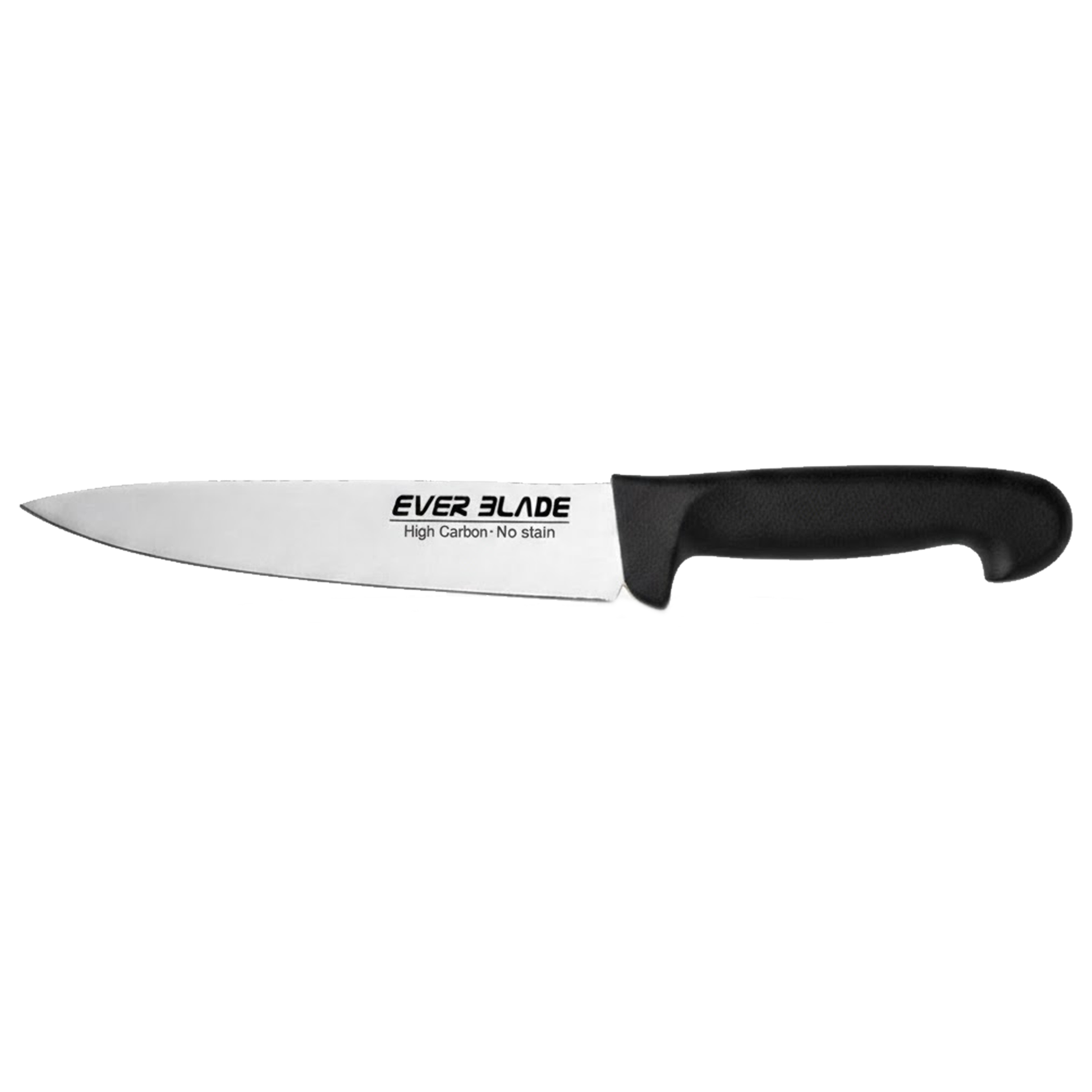 Professional 190mm chef knife showing full blade length and black ergonomic handle